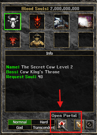 Chọn Secret Cow Level 2 rồi bấm Open Portal.