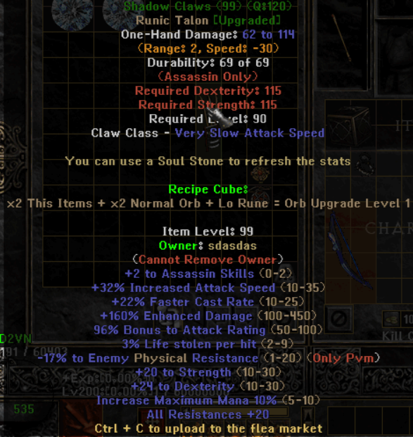 Shadow Claws - Item Upgrade D2TM Season 25